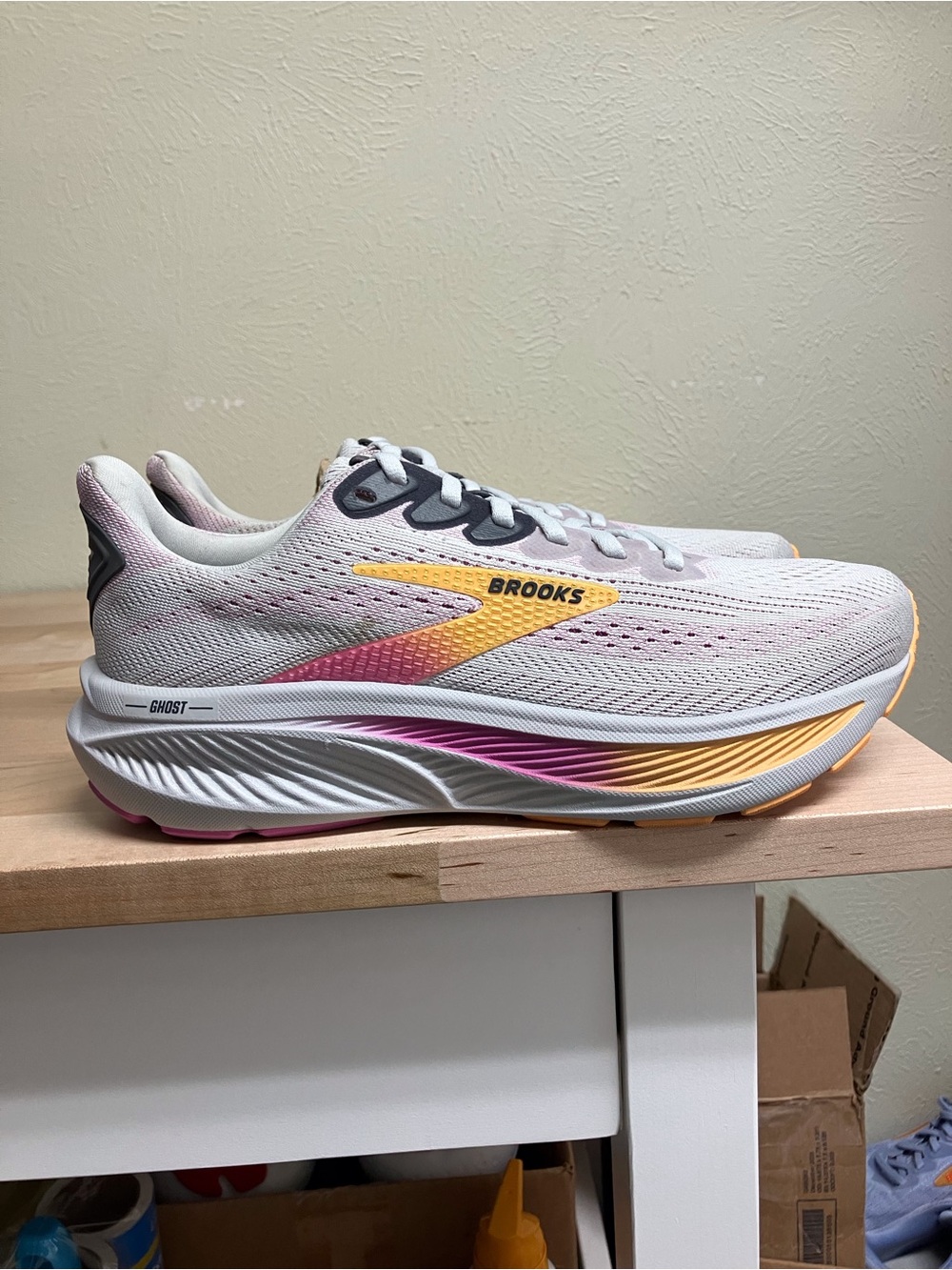 Brooks Women's Ghost Running Shoe - White with Pink and Yellow Accents